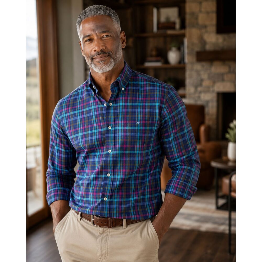 Southern Tide Button Down Shirt Classic Fit Plaid Blue Purple Green LG Cotton - Picture 1 of 9